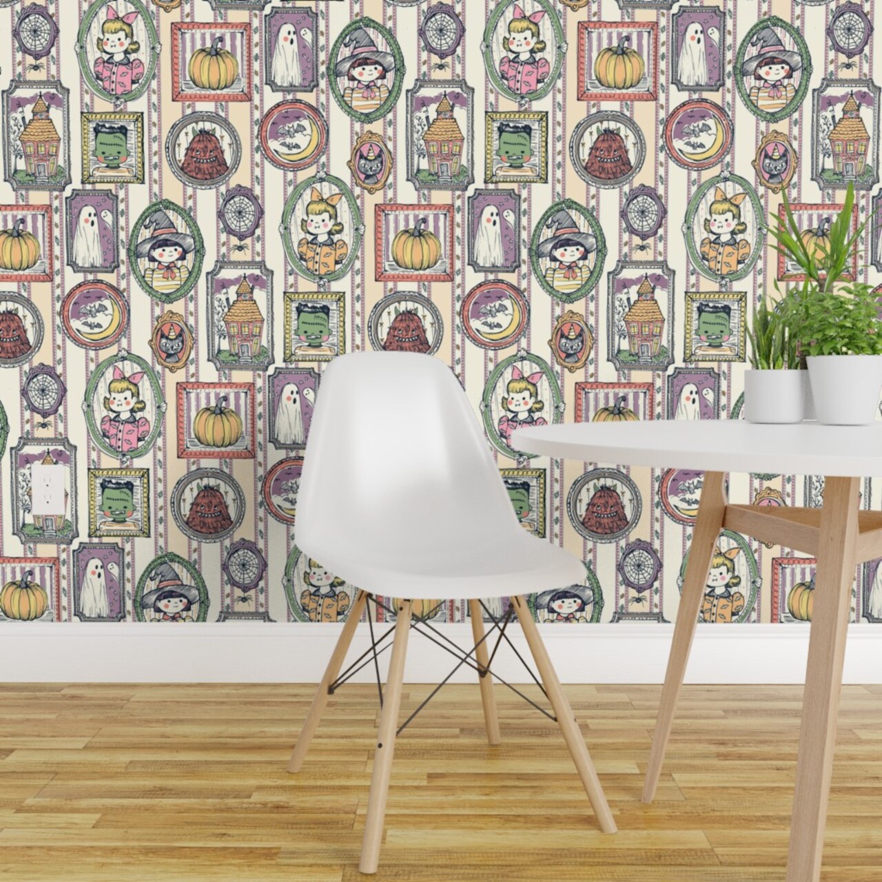 Peel & Stick Wallpaper 2FT Wide Whimsical Halloween Retro Ghost Monster Witch Pumpkin Haunted House Fall Autumn Portrait Halloween Party Costume Trick Or Treat Retro Halloween Custom Removable Wallpaper by Spoonflower